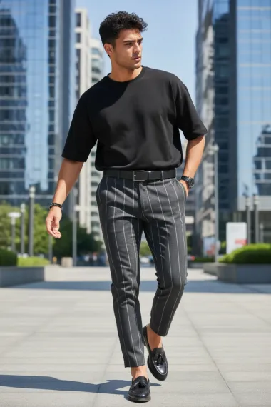 Pantaloni barbati casual regular fit gri in dungi B1301 110-3