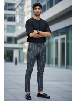 Pantaloni barbati casual regular fit gri in dungi B1301 110-3