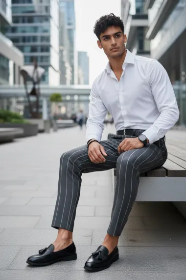 Pantaloni barbati casual regular fit gri in dungi B1301 110-3