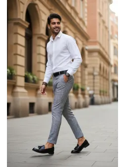 Pantaloni barbati casual regular fit gri in carouri B1561 B-7