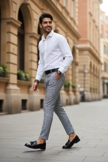 Pantaloni barbati casual regular fit gri in carouri B1561 B-7