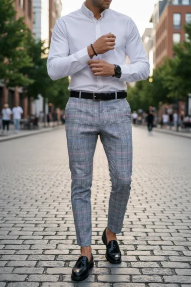 Pantaloni barbati casual regular fit gri in carouri B1561 B-7