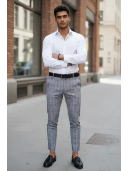 Pantaloni barbati eleganti regular fit gri in carouri B1561 B-7