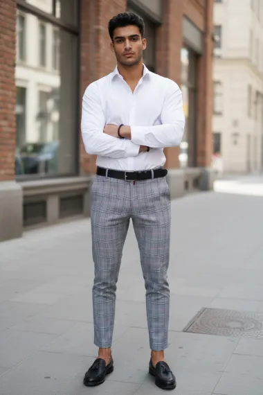 Pantaloni barbati casual regular fit gri in carouri B1561 B-7