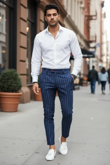 Pantaloni barbati casual regular fit bleumarin in dungi B7871 S3-1