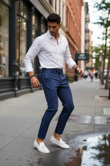 Pantaloni barbati casual regular fit bleumarin in dungi B7871 S3-1