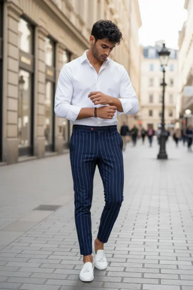 Pantaloni barbati casual regular fit bleumarin in dungi B7871 S3-1