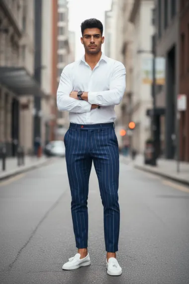 Pantaloni barbati casual regular fit bleumarin in dungi B7871 S3-1