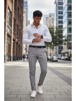 Pantaloni barbati casual regular fit gri in carouri B1910 S2-3 F6-5.1