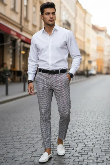 Pantaloni barbati eleganti regular fit in carouri B1910 S2-3 F6-5.1