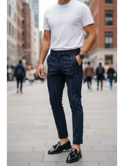 Pantaloni barbati casual regular fit bleumarin in dungi B5777 99-2