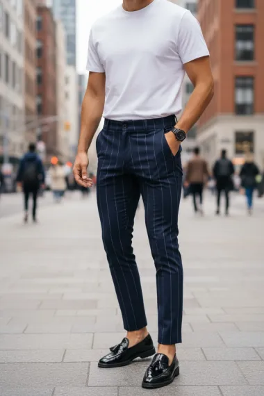 Pantaloni barbati casual regular fit bleumarin in dungi B5777 99-2