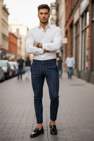 Pantaloni barbati casual regular fit bleumarin in dungi B5777 99-2