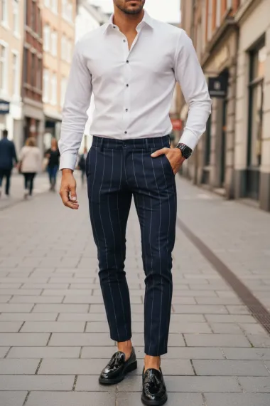 Pantaloni barbati casual regular fit bleumarin in dungi B5777 99-2