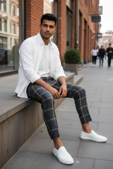 Pantaloni barbati casual regular fit bleumarin in carouri B7841 i18-4.3