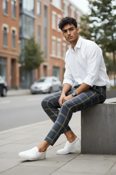 Pantaloni barbati casual regular fit bleumarin in carouri B7841 i18-4.3