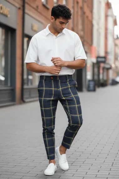 Pantaloni barbati casual regular fit bleumarin in carouri B7841 i18-4.3