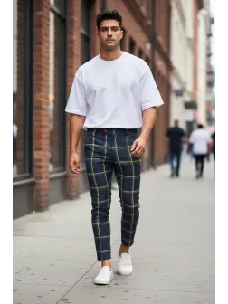 Pantaloni barbati casual regular fit bleumarin in carouri B7841 i18-4.3