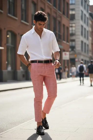 Pantaloni barbati casual regular fit rosii in carouri B1607 V4-5