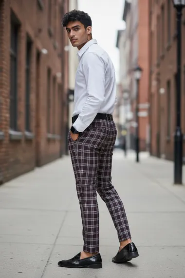 Pantaloni barbati eleganti grena in carouri B1626 F7-5 