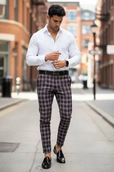 Pantaloni barbati eleganti grena in carouri B1626 F7-5 