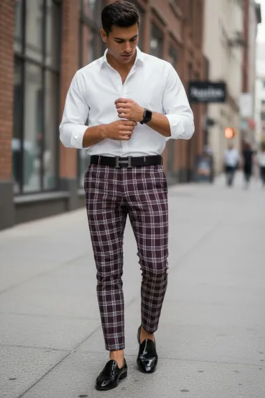 Pantaloni barbati eleganti grena in carouri B1626 F7-5 