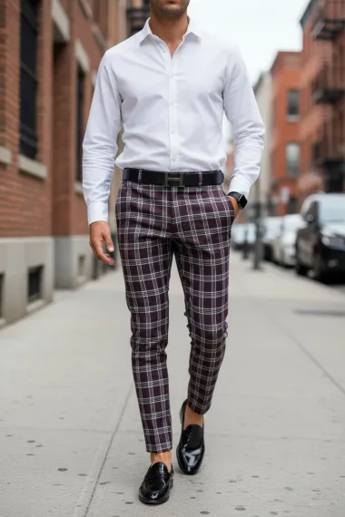 Pantaloni barbati eleganti grena in carouri B1626 F7-5 