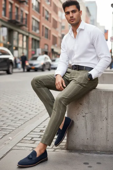 Pantaloni barbati eleganti kaki in dungi B1630 B2-5.1