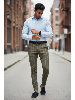 Pantaloni barbati eleganti kaki in dungi B1630 B2-5.1