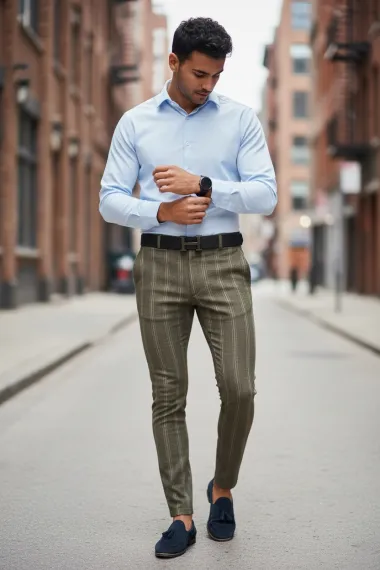 Pantaloni barbati eleganti kaki in dungi B1630 B2-5.1