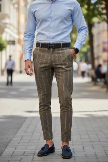 Pantaloni barbati eleganti kaki in dungi B1630 B2-5.1