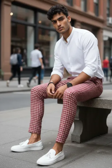 Pantaloni barbati casual regular fit rosii in carouri B1855 U3