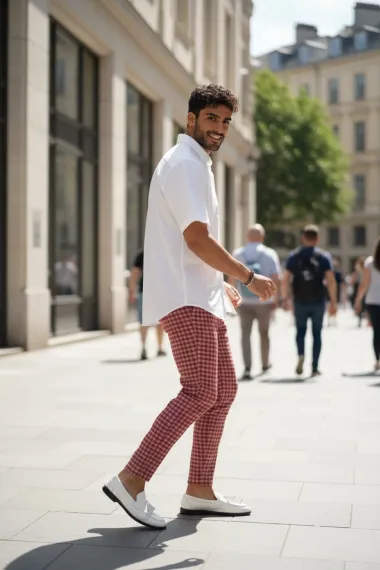 Pantaloni barbati casual regular fit rosii in carouri B1855 U3