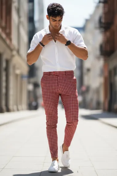 Pantaloni barbati casual regular fit rosii in carouri B1855 U3