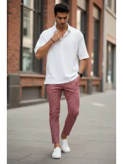 Pantaloni barbati casual regular fit rosii in carouri B1855 U3