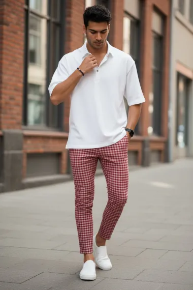 Pantaloni barbati casual regular fit rosii in carouri B1855 U3