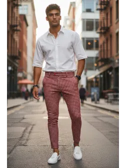 Pantaloni barbati eleganti rosii in carouri B1855 U3