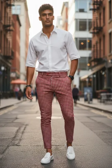 Pantaloni barbati casual regular fit rosii in carouri B1855 U3