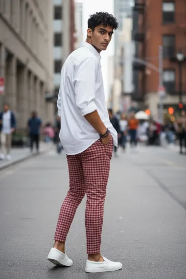 Pantaloni barbati casual regular fit rosii in carouri B1855 U3