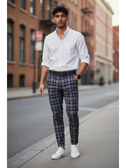 Pantaloni barbati casual regular fit bleumarin in carouri B1545 B15-2 U2