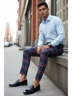 Pantaloni barbati casual regular fit in carouri B1546 D11-3 Pantaloni barbati casual regular fit in carouri B1546 D11-3