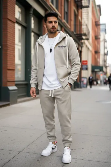 Trening barbati slim fit bej, Pantaloni + hanorac 166