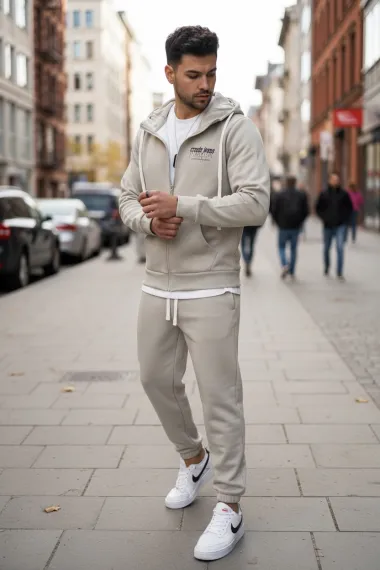 Trening barbati slim fit bej, Pantaloni + hanorac 166