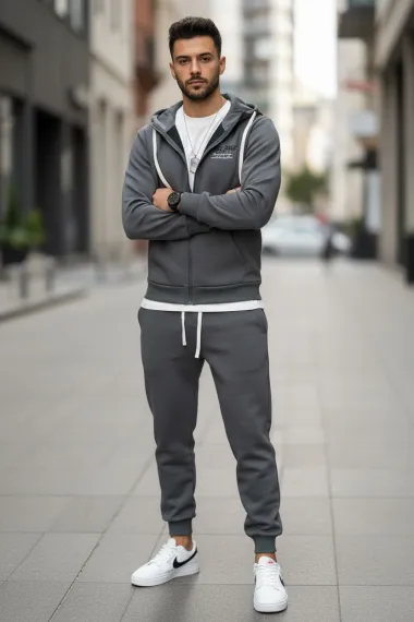 Trening barbati slim fit gri, Pantaloni + hanorac 166