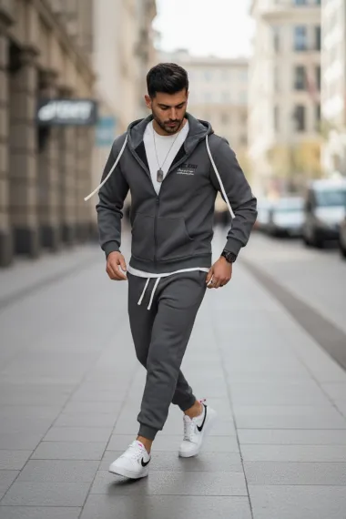 Trening barbati slim fit gri, Pantaloni + hanorac 166