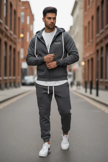 Trening barbati slim fit gri, Pantaloni + hanorac 166