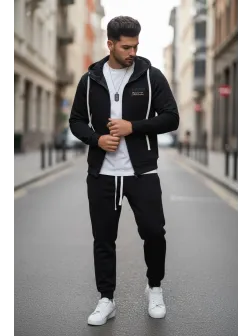 Trening barbati slim fit negru, Pantaloni + hanorac 166 Trening barbati slim fit negru, Pantaloni + hanorac 166