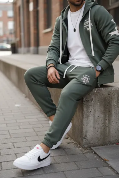 Trening barbati slim fit kaki, Pantaloni + hanorac 162