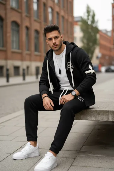 Trening barbati slim fit negru, Pantaloni + hanorac 162 13-1.3