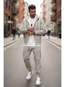 Trening barbati slim fit bej, Pantaloni + hanorac 167 19-5